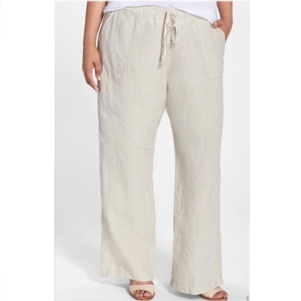 Allen Allen Wide Leg Linen Drawstring Tan Pants